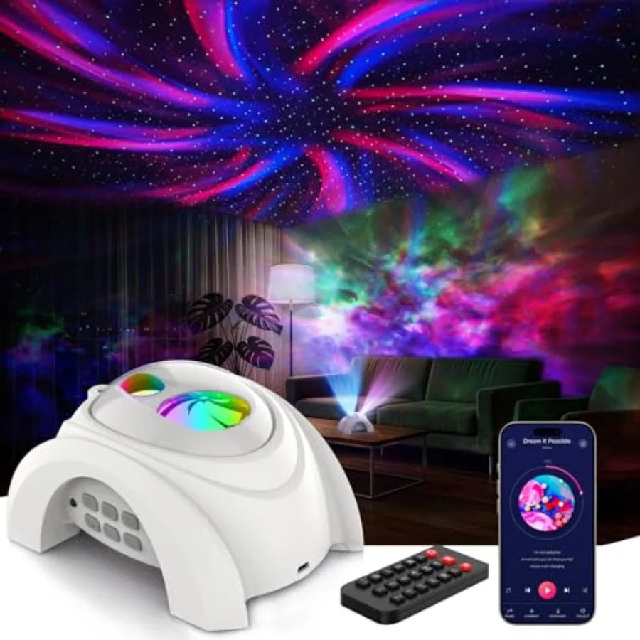 Dual Lens Galaxy Projector, Star Projector for Bedroom with White Noise and Bluetooth Speaker, Remote, Timer, Aurora and Nebula