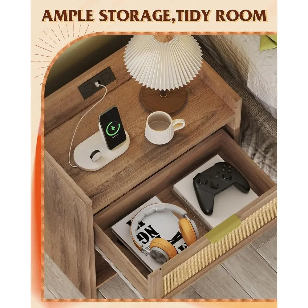 Natural Oak Nightstands With Charging Station Storage Drawer Open Shelf