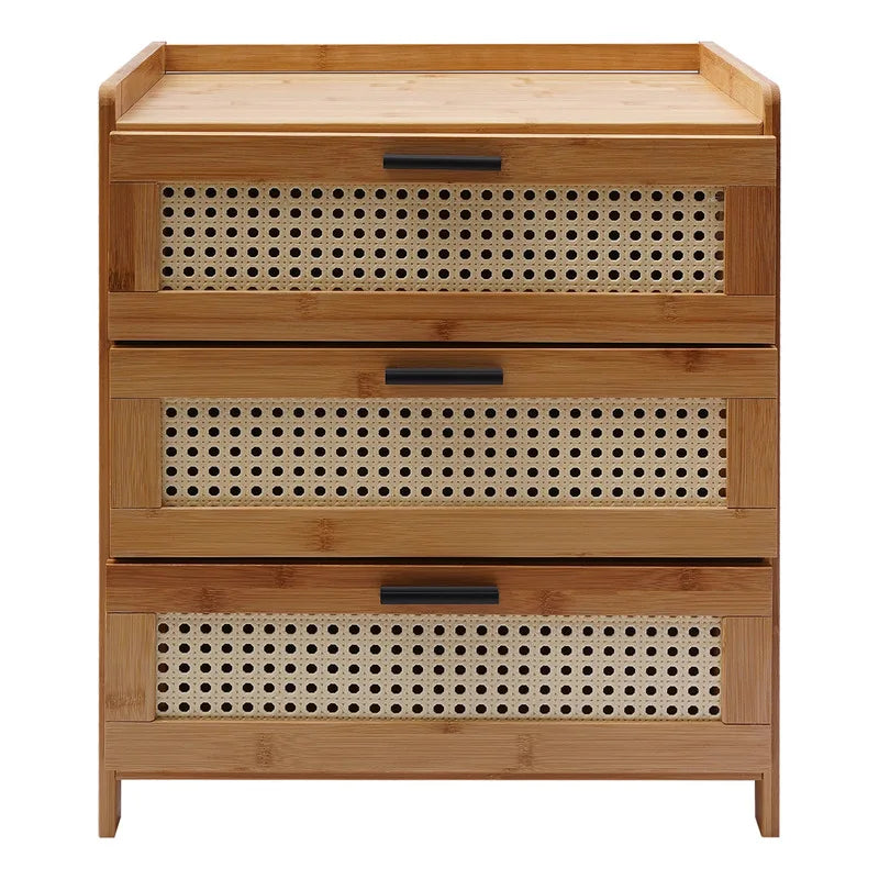 Bamboo Wood Three Drawer Bedside Table Nightstand Storage Cabinet