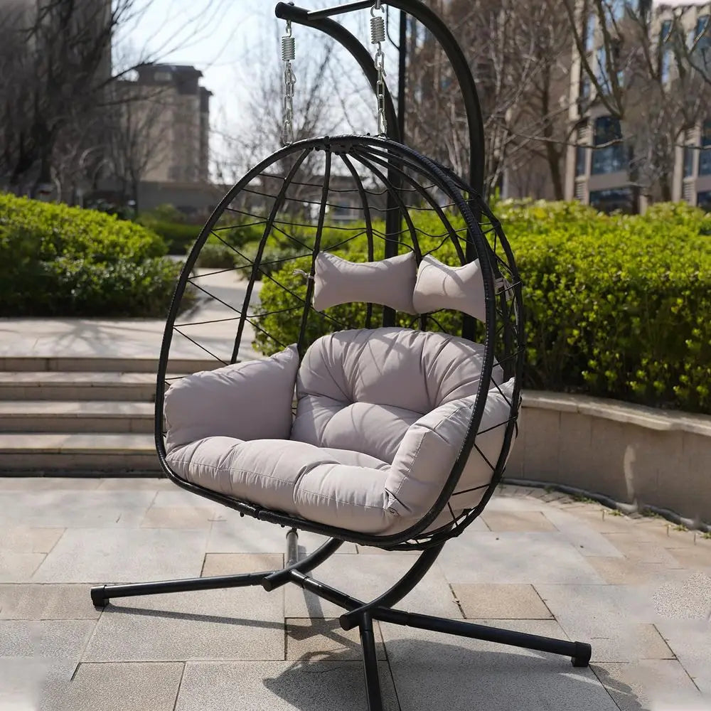 Gray Outdoor Hanging Wicker Rattan Double Egg Chair with Stand and Waterproof Cushion