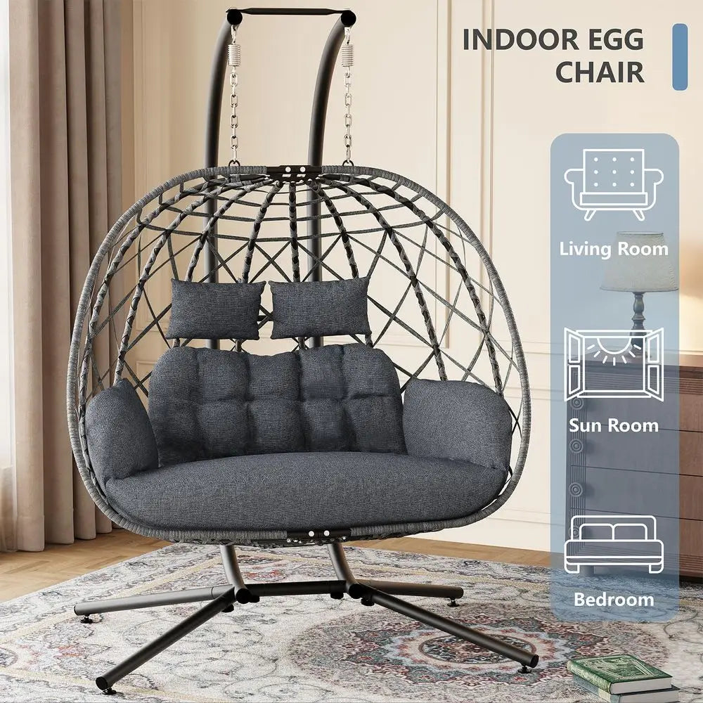 Double Egg Swing Chair with Stand, 2 Person Outdoor Indoor Hammock Hanging Chair with Cushion for Patio Living Room 650 LBS Cap
