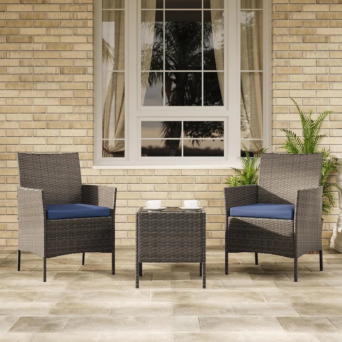 3 Piece Outdoor Patio Furniture Set, PE Rattan Wicker Chairs with Soft Cushions, Tempered Glass Coffee Table, All Weather Conversation Set for Garden Porch Poolside Balcony