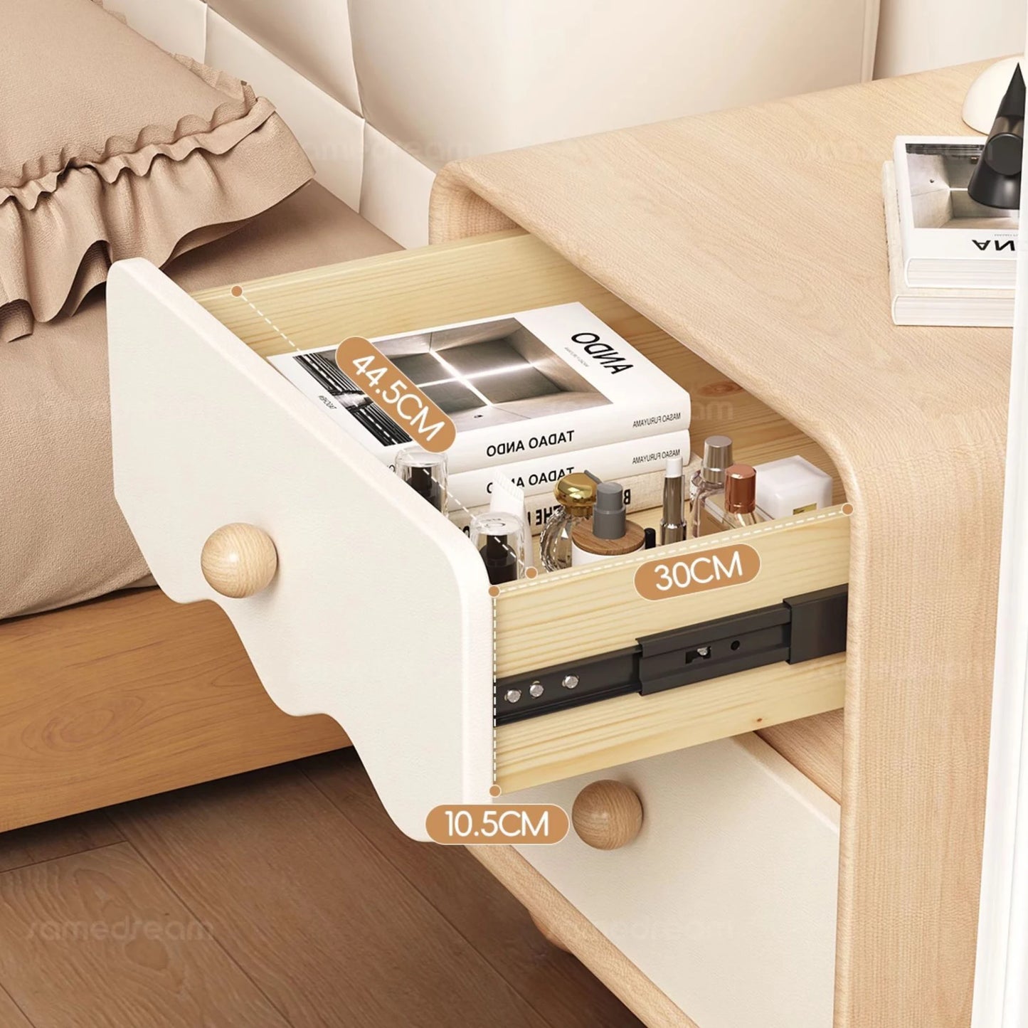 Solid Wood Wavy Pattern Minimalist Nightstand With Storage Cabinet