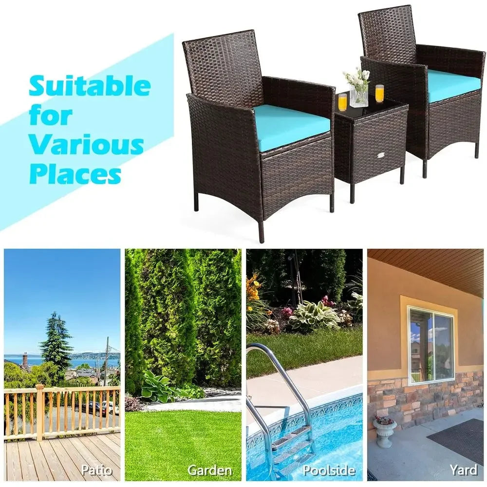 3-Piece Wicker Patio Furniture Set with Cushions and Glass Top Table for Outdoor Spaces