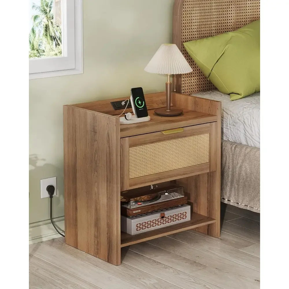 Natural Oak Nightstands With Charging Station Storage Drawer Open Shelf