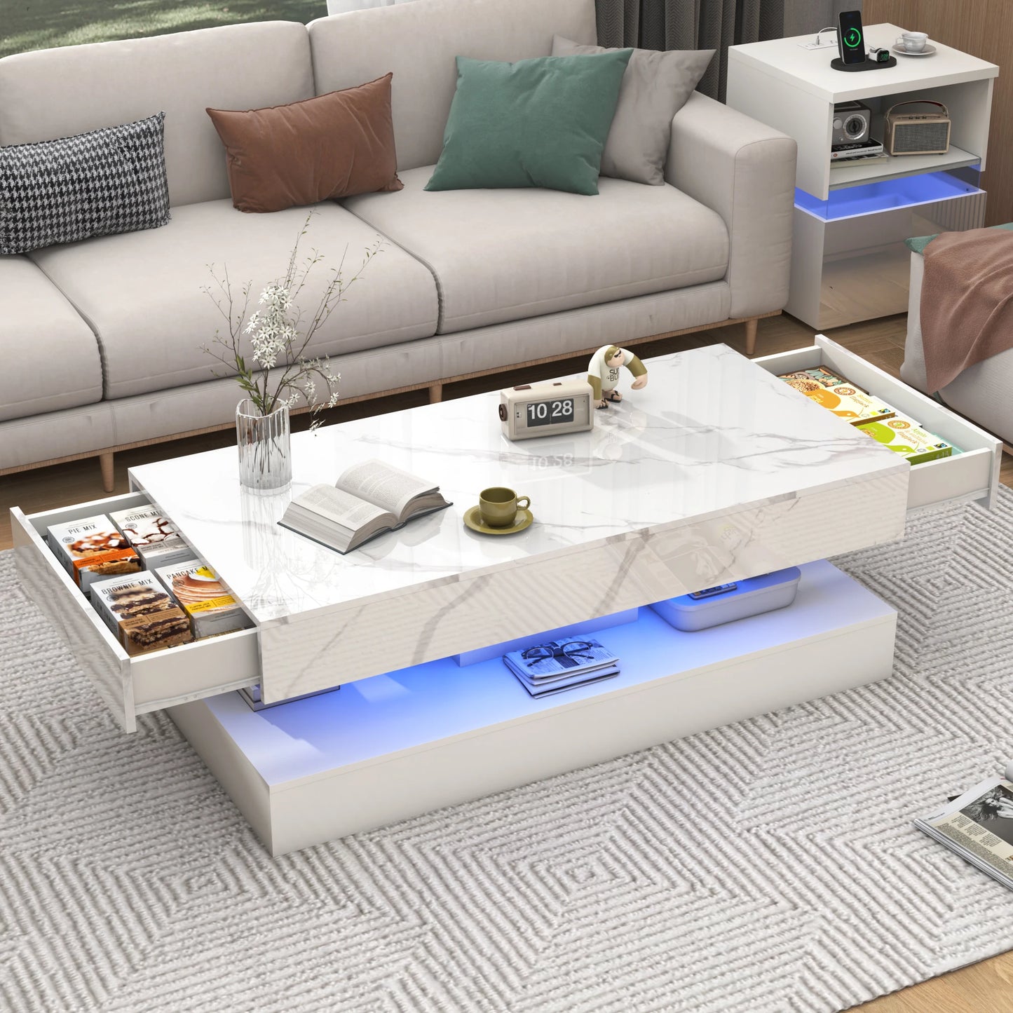 QiaoShiRen Modern Coffee Table With LED Double-Layer Storage Drawers