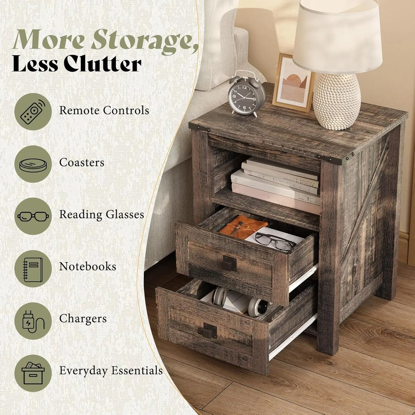 Farmhouse Nightstands Set Of 2 Wood Bedside Tables With Drawers