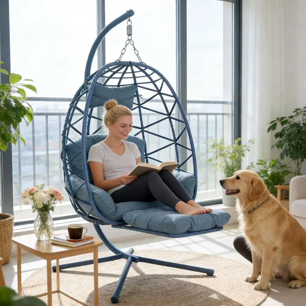 Rattan Wicker Swing Chair with Cushion and Leg Rest, Indoor Outdoor Hanging Egg Chair for Garden or Bedroom, 300 lbs, Blue