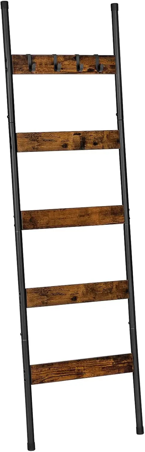5-Tier Wall Leaning Blanket Ladder With Hooks Towels Scarves
